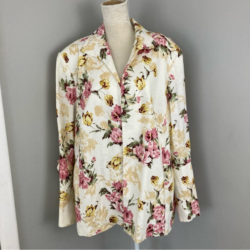 Lafayette 148 New York 100% linen romantic floral open front jacket plus size 24